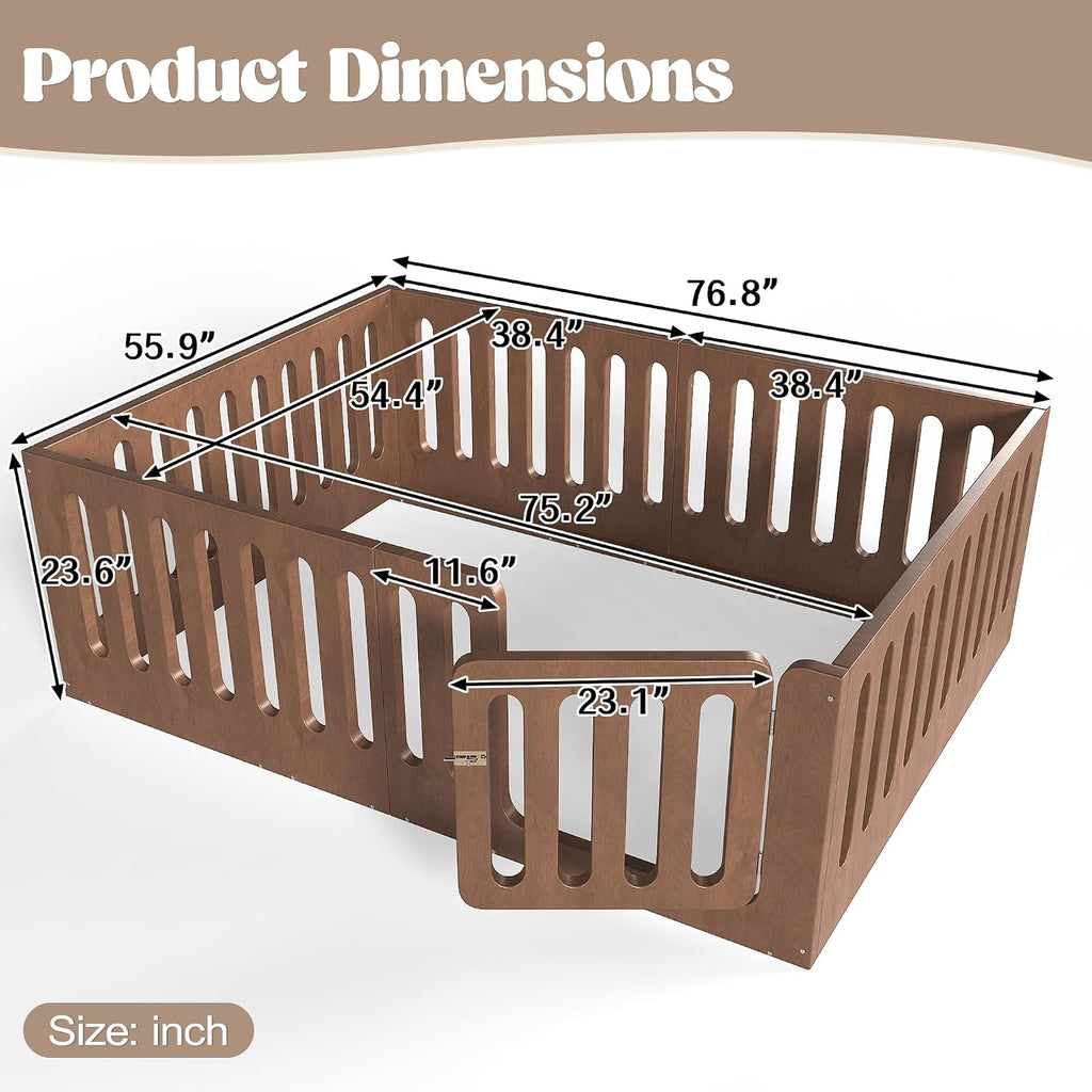 Full Size Wood Montessori Floor Bed Frame with High Fence, Natural | Modern Style Low-Profile Design Floor Bed with