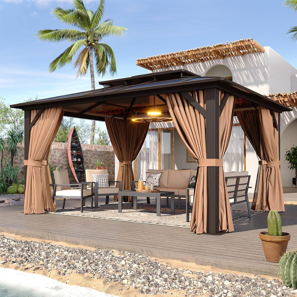 12'x10' Hardtop Gazebo, Aluminum Frame Permanent Pavilion with Curtains and Netting