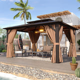 12'x10' Hardtop Gazebo, Aluminum Frame Permanent Pavilion with Curtains and Netting, Outdoor Polycarbonate Double Roof Canopy, Designed for Garden, Lawns, Patio, Brown