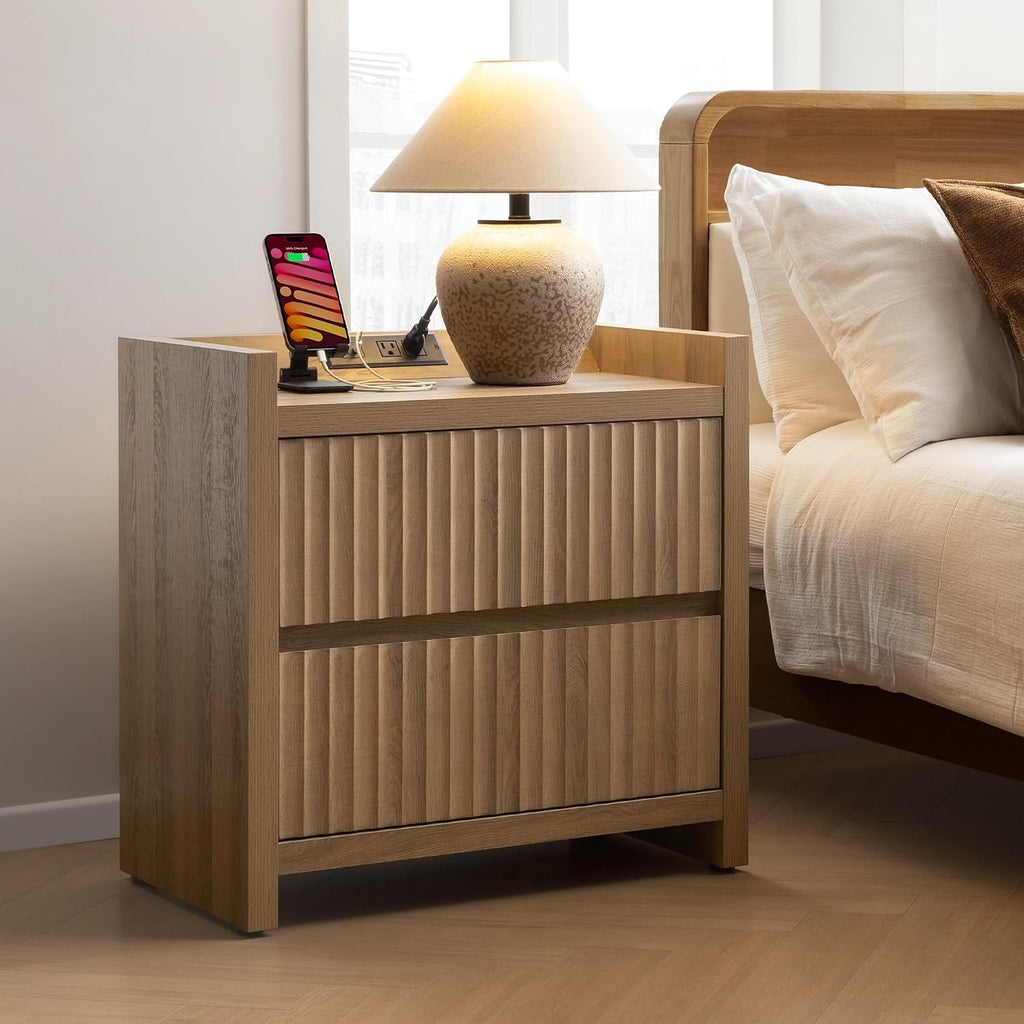 Night Stands Set of 2-Fluted Nightstands with Charging Station- Modern 2 Drawers Nightstand 25" Tall Bedside Table