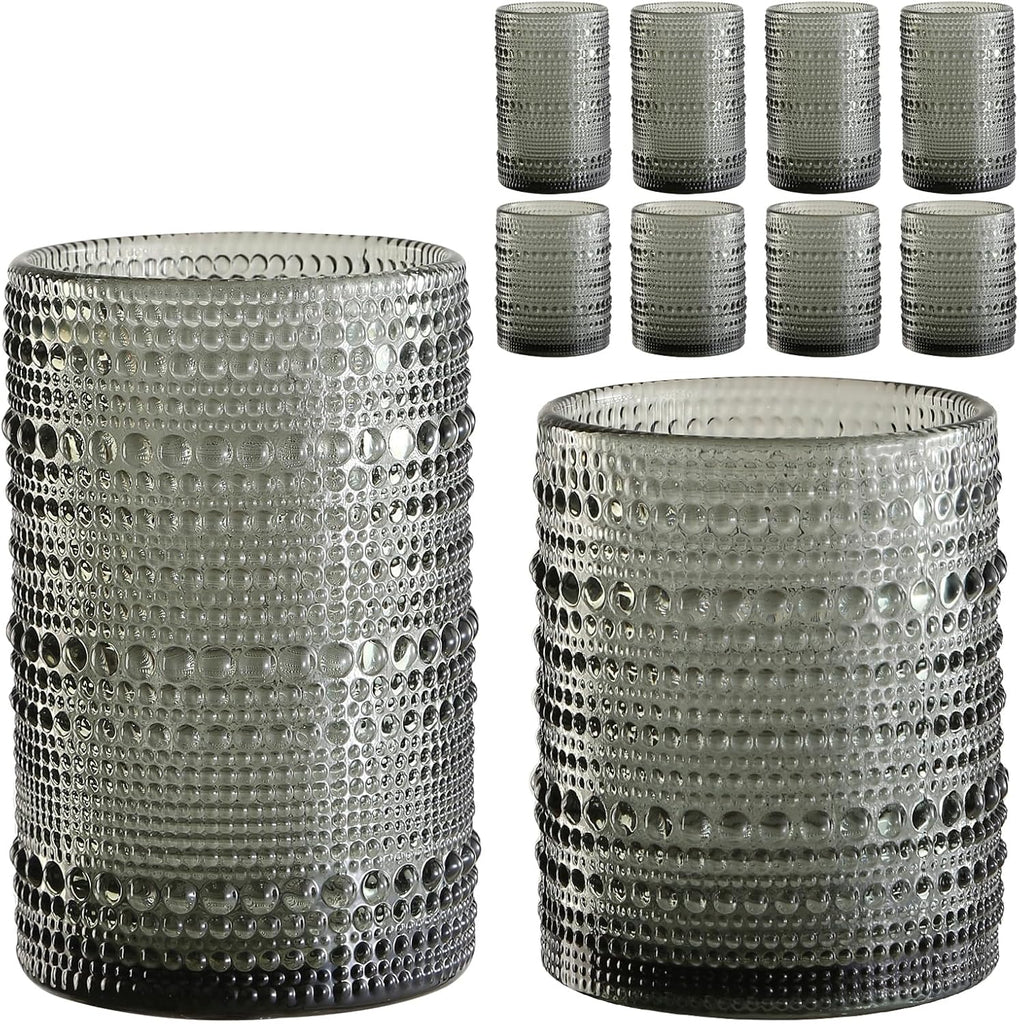 Vintage Hobnail Drinking Glasses Set of 8, Grey 12 oz & 15oz Highball Glass Cups, Kitchen Drinkware