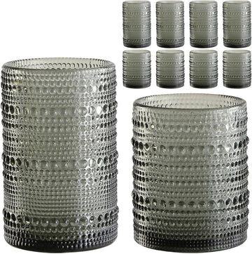 Vintage Hobnail Drinking Glasses Set of 8, Grey 12 oz & 15oz Highball Glass Cups, Kitchen Drinkware