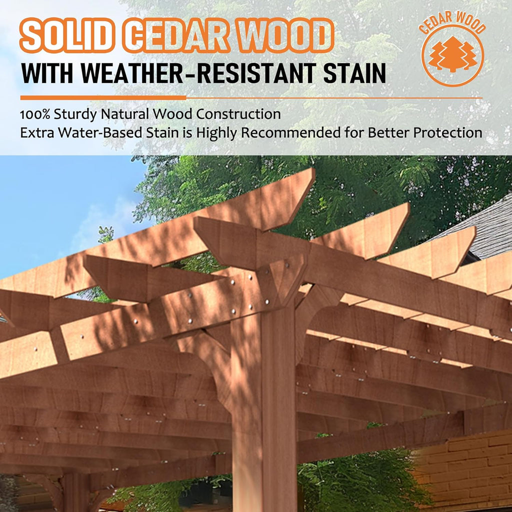 12 x16 FT Wooden Pergola, Cedar Wood Gazebo with Flat Roof, Outdoor Garden Shelter with Stakes Included