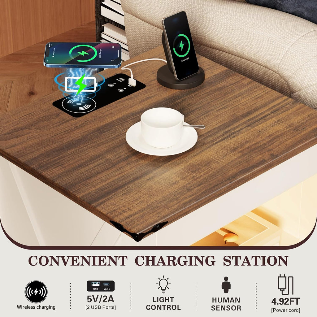 LED Nightstand Set of 2 with Gun Drawer: Bedside Table with Charging Station Furniture - Farmhouse Night Stand with 3