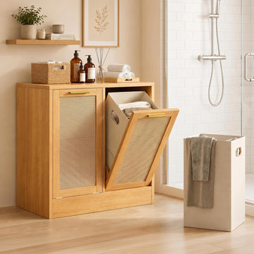 Laundry Cabinet, Bathroom Cabinet with with Breathable Real Rattan Design, Clothes Storge Basket with 2 Removable