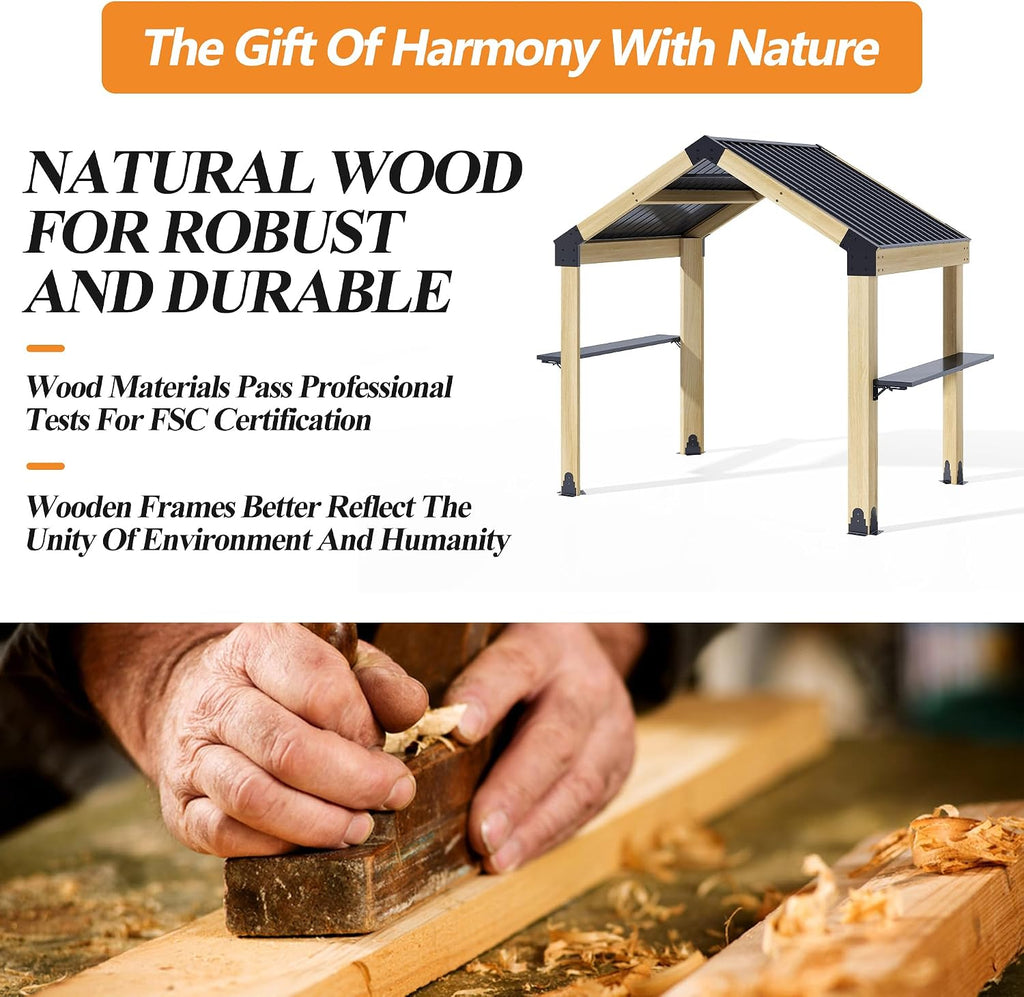7.7'x5.7' Outdoor Grill Wood Gazebo - Hardtop Gazebo with 2 Side Shelves and Galvanized Steel Roof