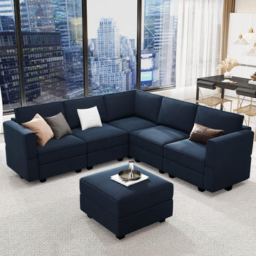 Modular Sectional Sofa with Storage Seats Velvet L Shaped Corner Couch Convertible Sectional Sofa with Chaise (Blue