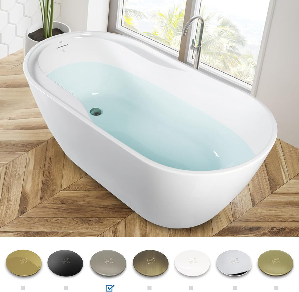 Lana'i 60" Freestanding Bathtub, Gracefully Shaped Freestanding Soaking tub, Glossy White, cUPC Certified, Brushed