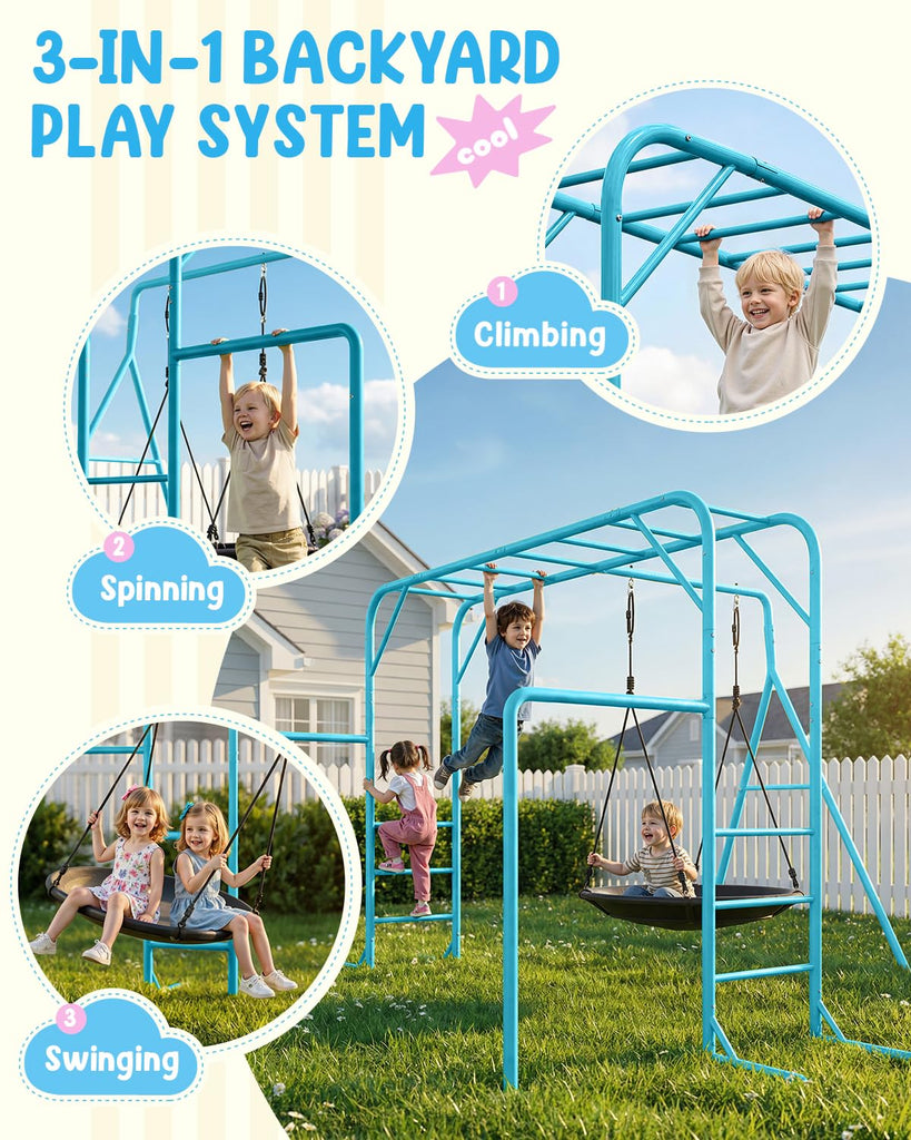 Monkey Bars Set for Backyard with Climbing Frame & Saucer Tree Swing, Playground Metal Swing Set with Monkey Bars