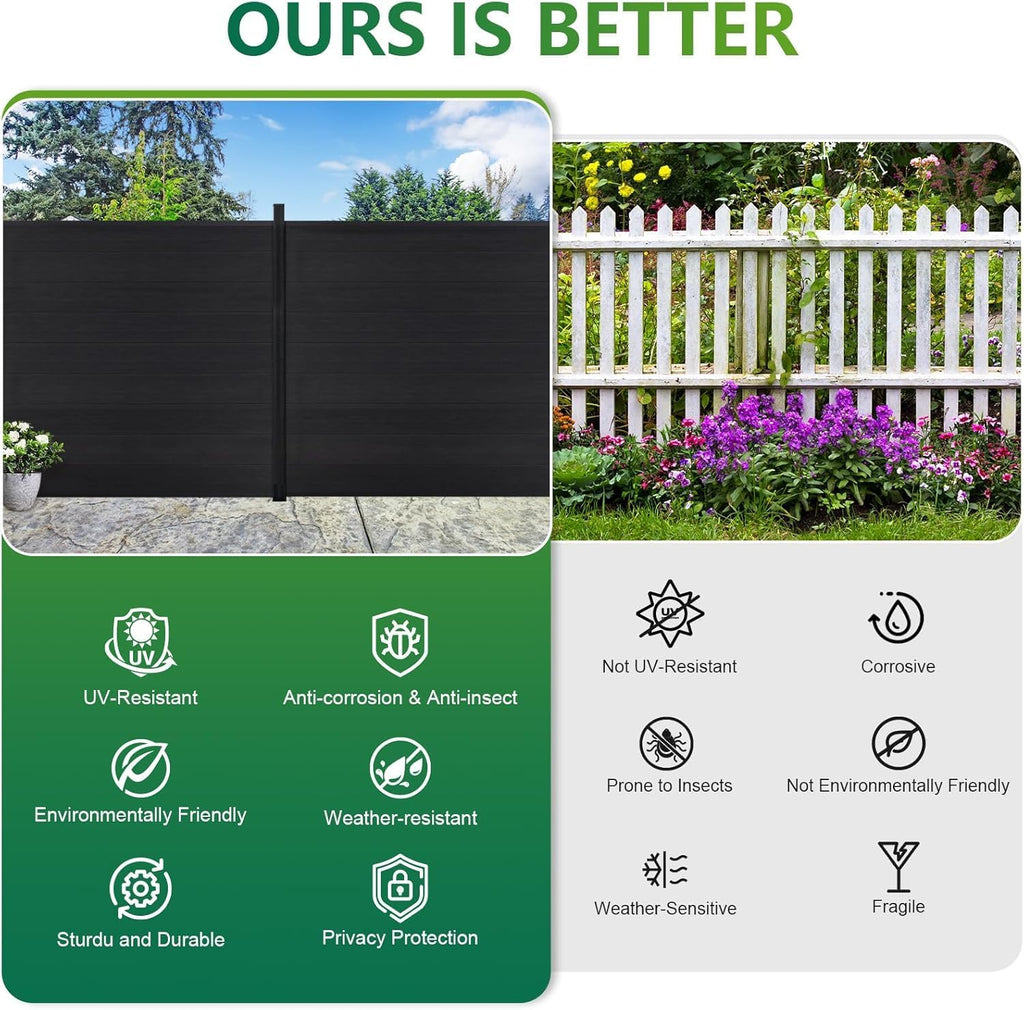 Privacy Fence for Outside, 6ftx7.6ft Outdoor Privacy Panels with 1 In-ground Post, Wind Resistant Wood Plastic
