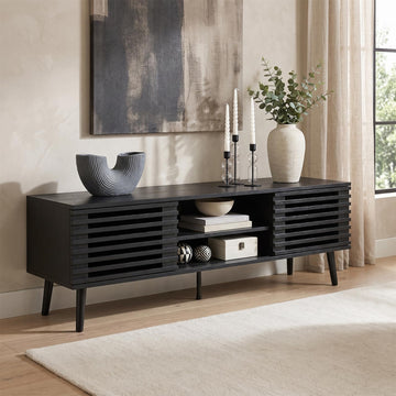 Mid Century Modern TV Stand, 52" Wooden TV Console with Slatted Sliding Doors and Storage for 50/55/60 Inch TV, Small