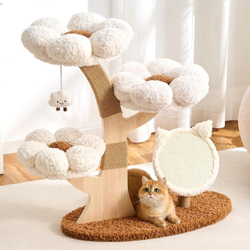 Modern Cat Tree Tower for Indoor Cats Large Adult, 37 inch Flower Cat Tree with Scratching Post, Luxury Aesthetic Cat