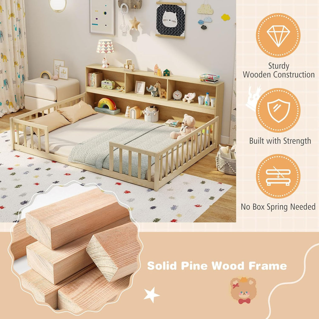 Full Size Floor Bed for Kids, Wooden Montessori Bed Frame with Bookcase, Storage Shelves & Safety Fence Rails, Floor