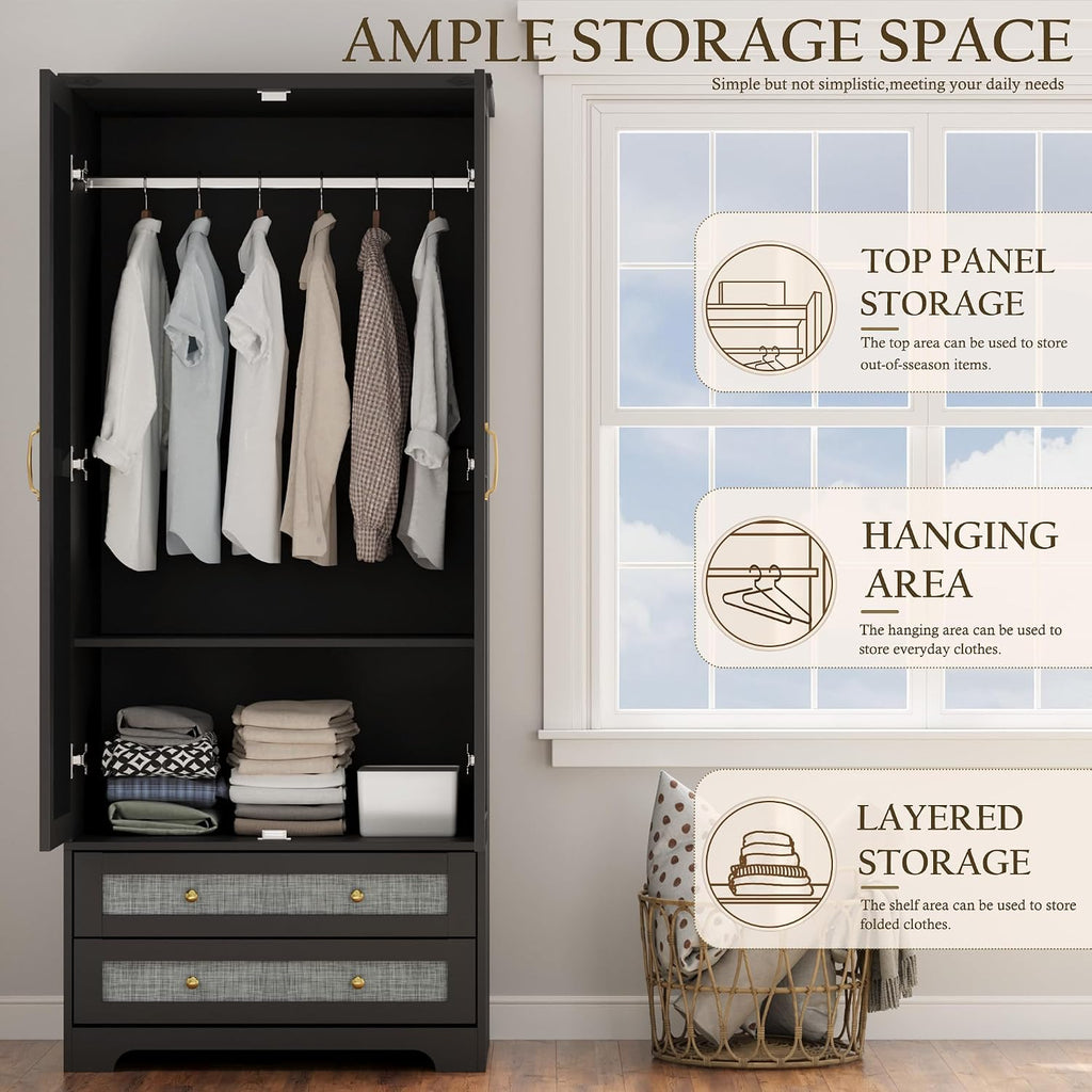 71" Wooden Armoire Wardrobe Closet with 2 Doors & 2 Drawers, Black | Modern Tall Storage Cabinet with Adjustable