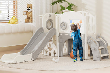 Toddler Slide Set, 8-in-1 with Hoop, Golf & Drawing Board (White Gray)
