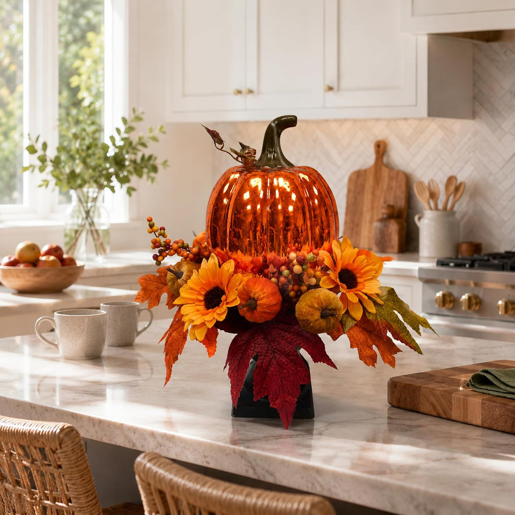 15 Inch Lighted Fall Pumpkin Arrangement with Pumpkin, Daisies