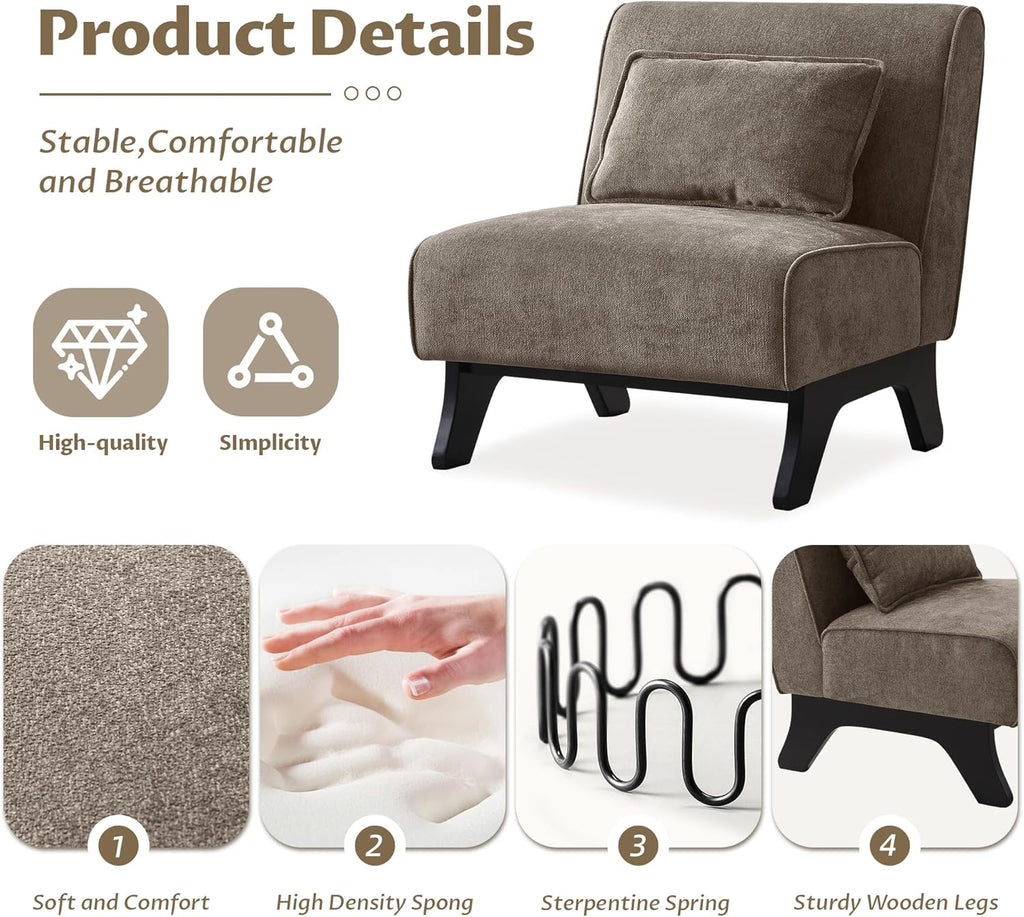 Upholstered Armless Accent Chair,Modern Comfy Living Room Chairs with Wooden Legs& Pillows,Lounge Sofa Side Chair