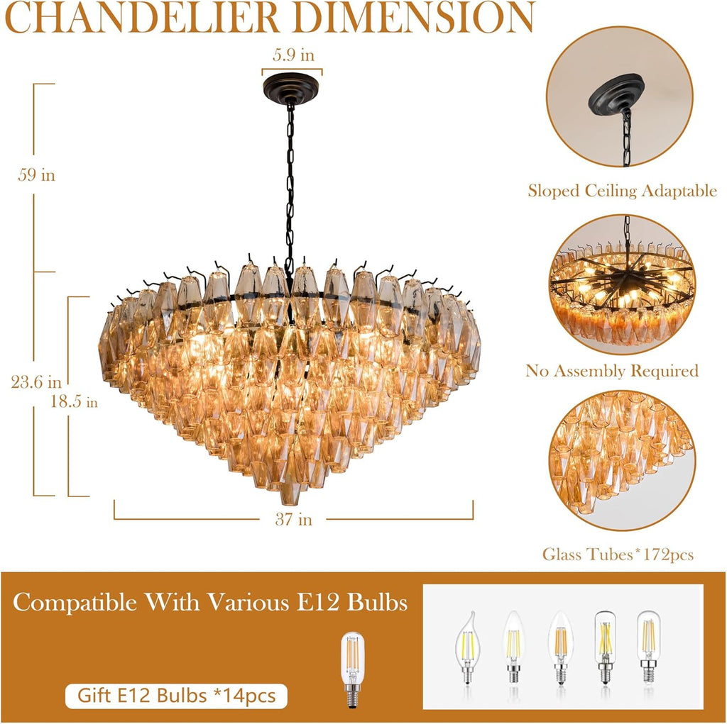 Modern Round Chandelier, 37" Extra Large Black Chandeliers for Dining Room, 14-Light with Tiered Smoke Glass Tubes Ceiling Light, Pendant Lighting Fixture for Living Room Bedroom Kitchen Island