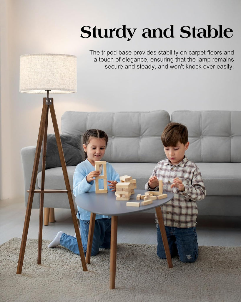Tripod Floor Lamp with Table, Mid Century Wood Shelf Standing Light Modern Tall Floor Lamp with Linen Shade Bedroom