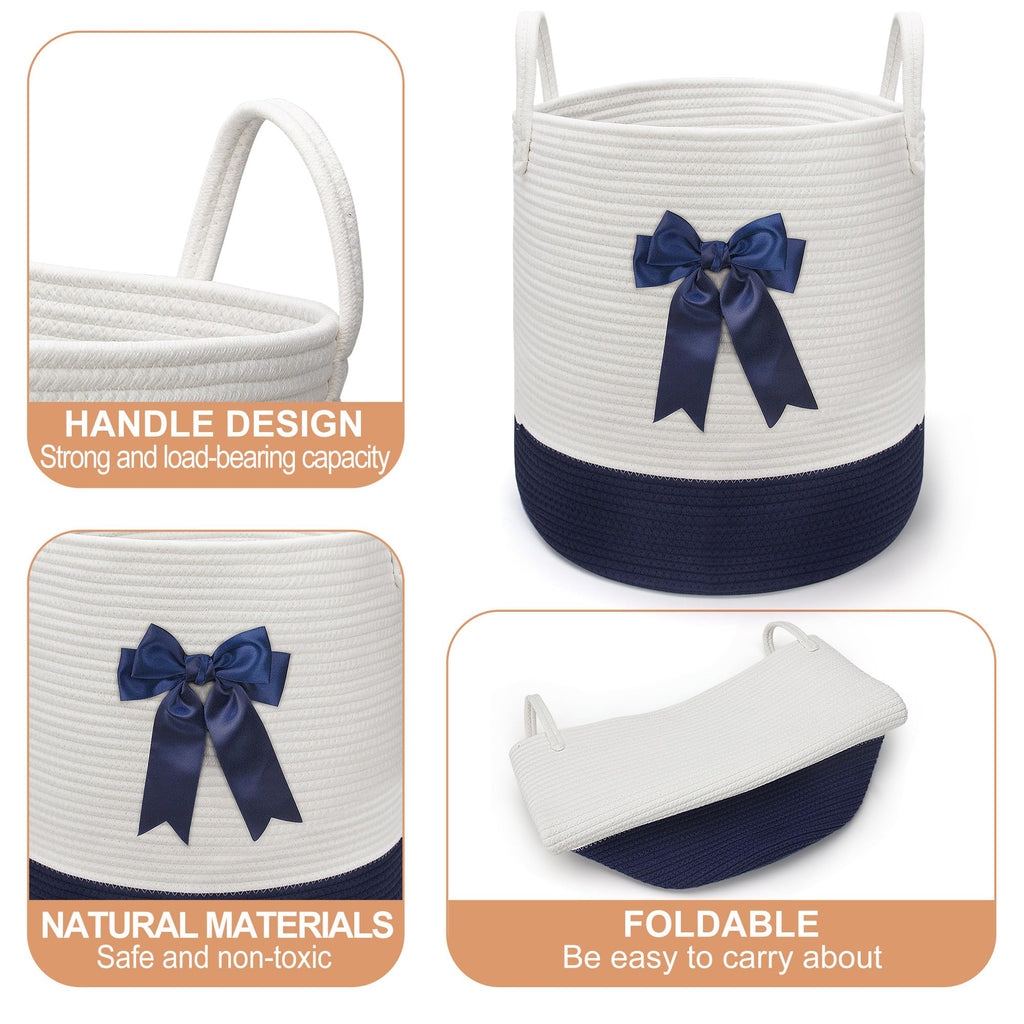 Blue Laundry Hamper with Bow, Tall Storage Basket