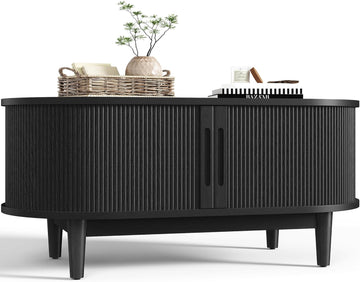Round Coffee Table, 31.5" Drum Coffee Table with Sliding Tambour Door, Fluted Accent Center Table with Storage