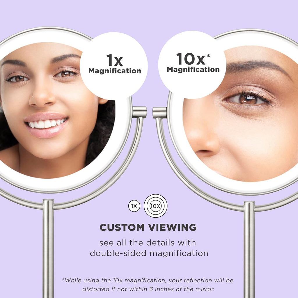 Lighted Makeup Mirror, Double-Sided LED Vanity Mirror with 1X/10X Magnification, 3 Light Settings, 3 Modes, 360°