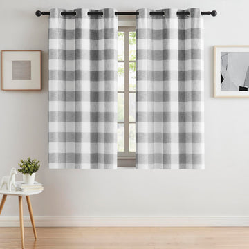 Short Gray White Buffalo Plaid Blackout Curtains 63 Inches Length