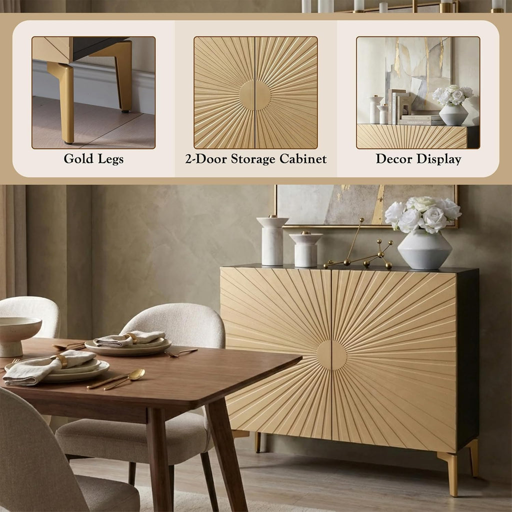 2-Door Storage Cabinet - Accent Sideboard Buffet in Gold & Black, Storage Cabinet for Living Room, Hallway, Kitchen