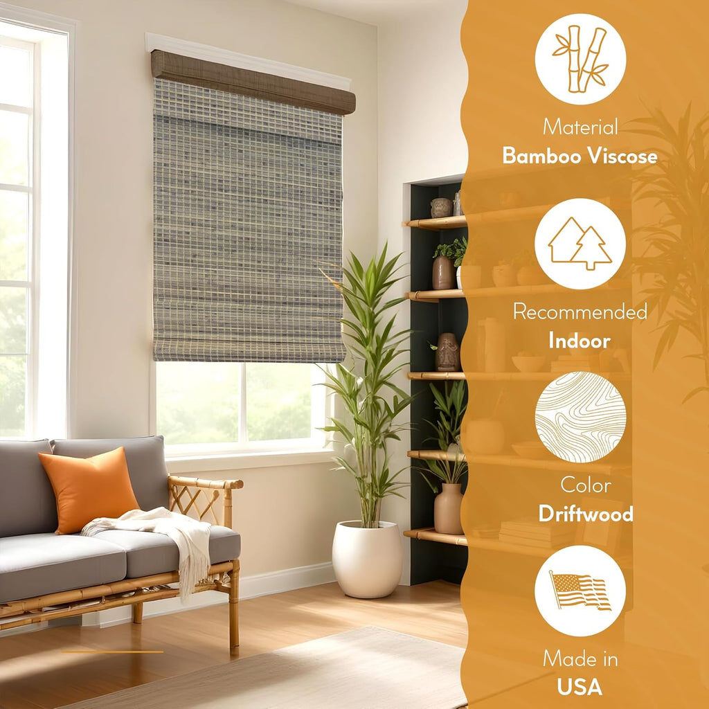 Cordless Bamboo Blinds - Flatstick Bamboo Roman Shades for Interior Windows - Roll Up Woven Shades with Valance