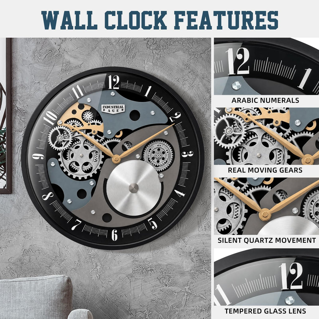 Wall Clock with Moving Gears - 18" Industrial Steampunk Decor Wall Clock