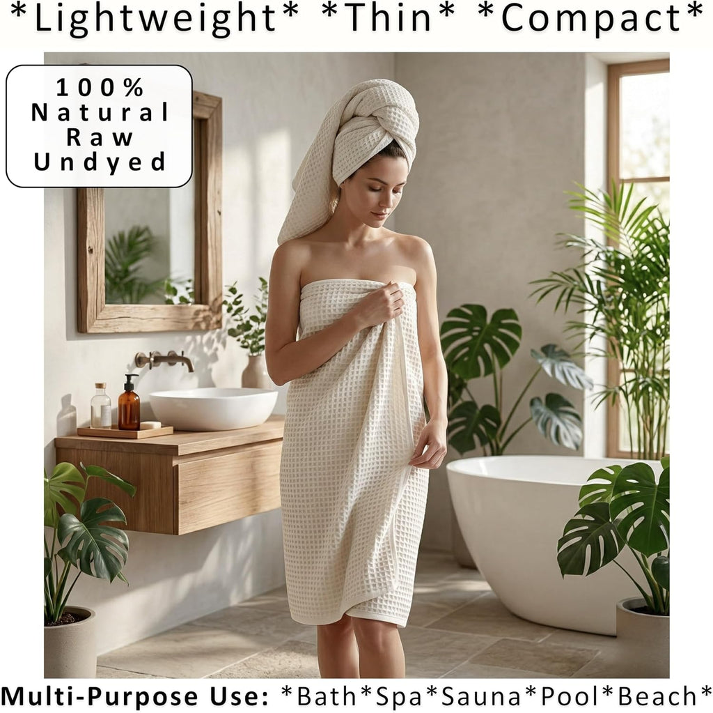 Natural 100% Turkish Cotton Waffle Towels Set (4-Piece) | Raw-Undyed, Large Size 2 Hand & 2 Bath Towel Quick-Dry Soft