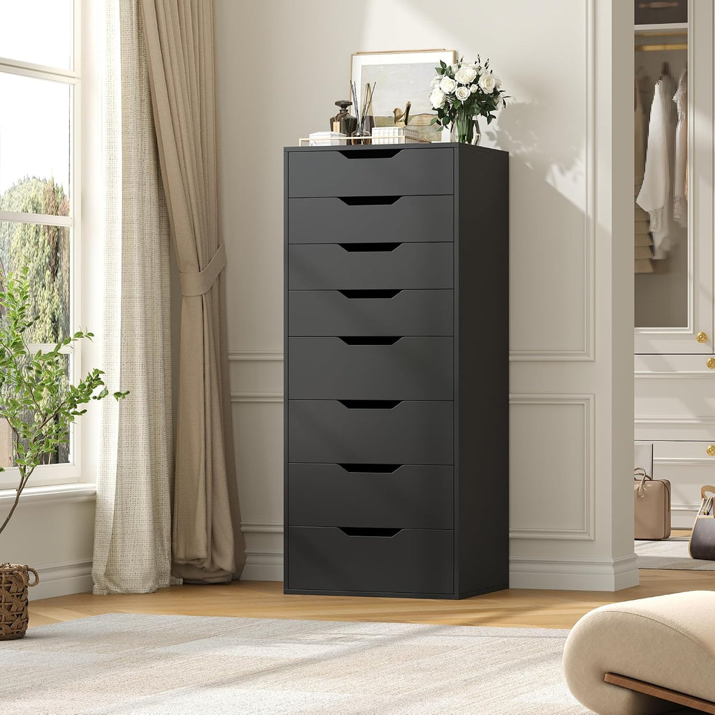 Tall Black Dresser, 8 Drawer Dresser with Groove Handles, Black Tall Dressers, Modern Chest of Drawers with Large