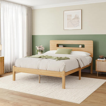 Solid Bamboo Wood Queen Bed Frame with Storage Headboard, 14 inch Platform Bed Frame Queen No Box Spring Needed with Steel Slats, Sturdy and Stable, Easy Assembly, Noise Free