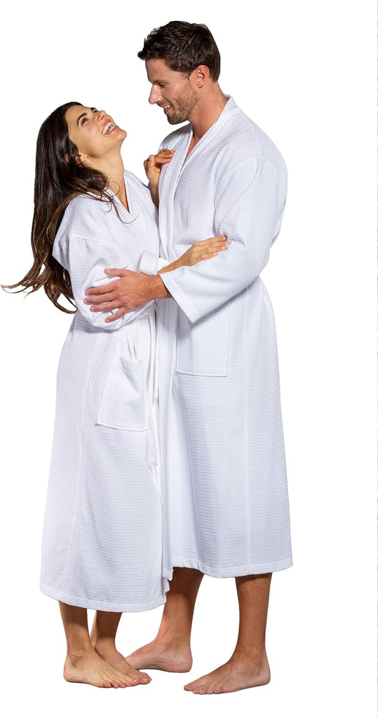 100% Turkish Cotton White Waffle Kimono Unisex Spa Robe
