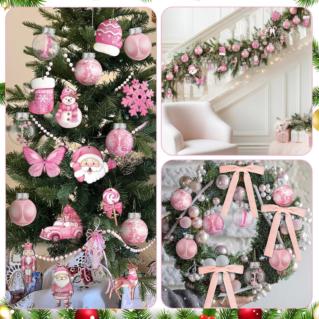 74 Pcs Pink Christmas Tree Ornaments Set