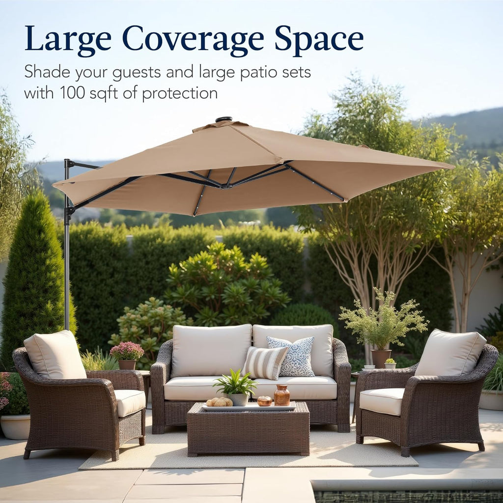 10ft Solar LED Offset Cantilever Hanging Market Patio Umbrella, Smooth 360° Rotation, 8 Sturdy Ribs, Easy Adjustment