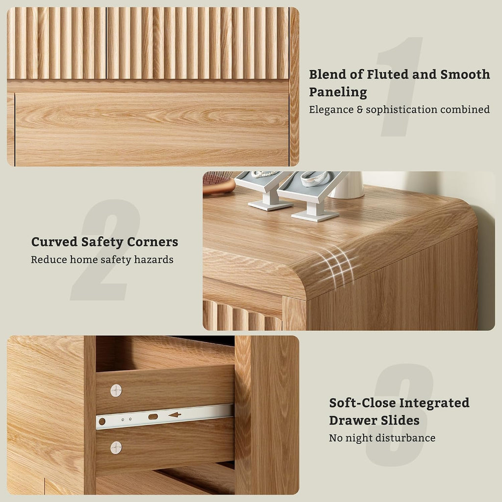 7 Drawer Dresser , 50" Wide Fluted Dresser with Curved Corners, Wood Dressers & Chests of Drawers with Dual-Panel