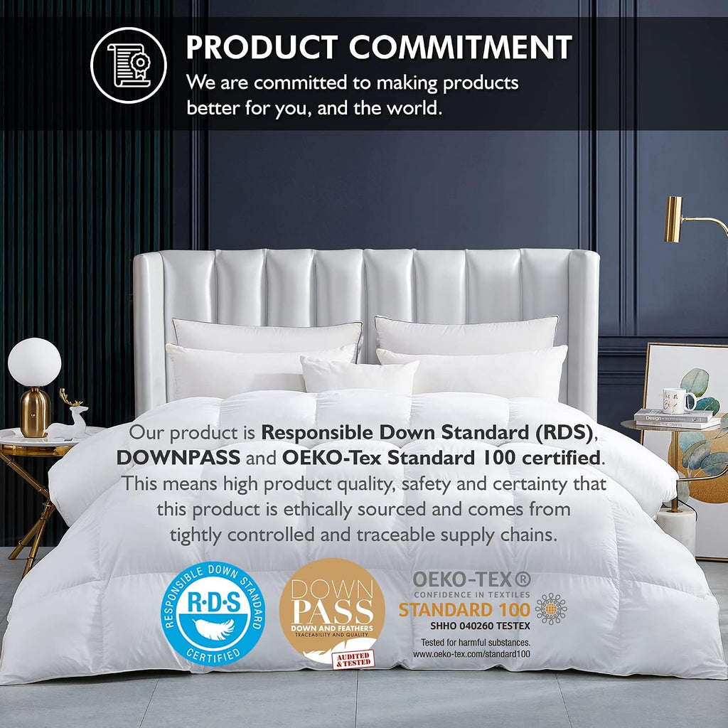 Luxurious All-Season Goose Down Feather Fiber Comforter Queen Duvet Insert, Exquisite Pinch Pleat Design, Premium