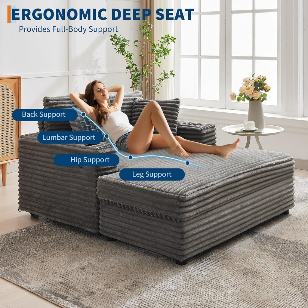 60-inch Oversized Chaise Lounge Chair Indoor, Comfy Corduroy Lounge Sofa with Charging Station, Cup Holders & Throw