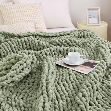 Chunky Knit Blanket Throw, 100% Hand Knit Chenille Throw Blanket, Soft and Cozy Knitted Throw Blankets (Sage