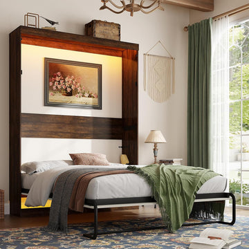 Queen Murphy Bed with 2 LED Lights, Farmhouse Wood Hidden Foldable Wall Bed Frame w/Gas Struts, Storage Bed Cabinet