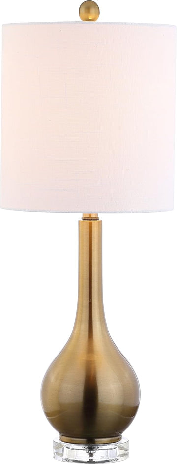 25" Brass Gold Metal and Crystal Teardrop LED Table Lamp Living Room Bedside Nightstand, White Linen