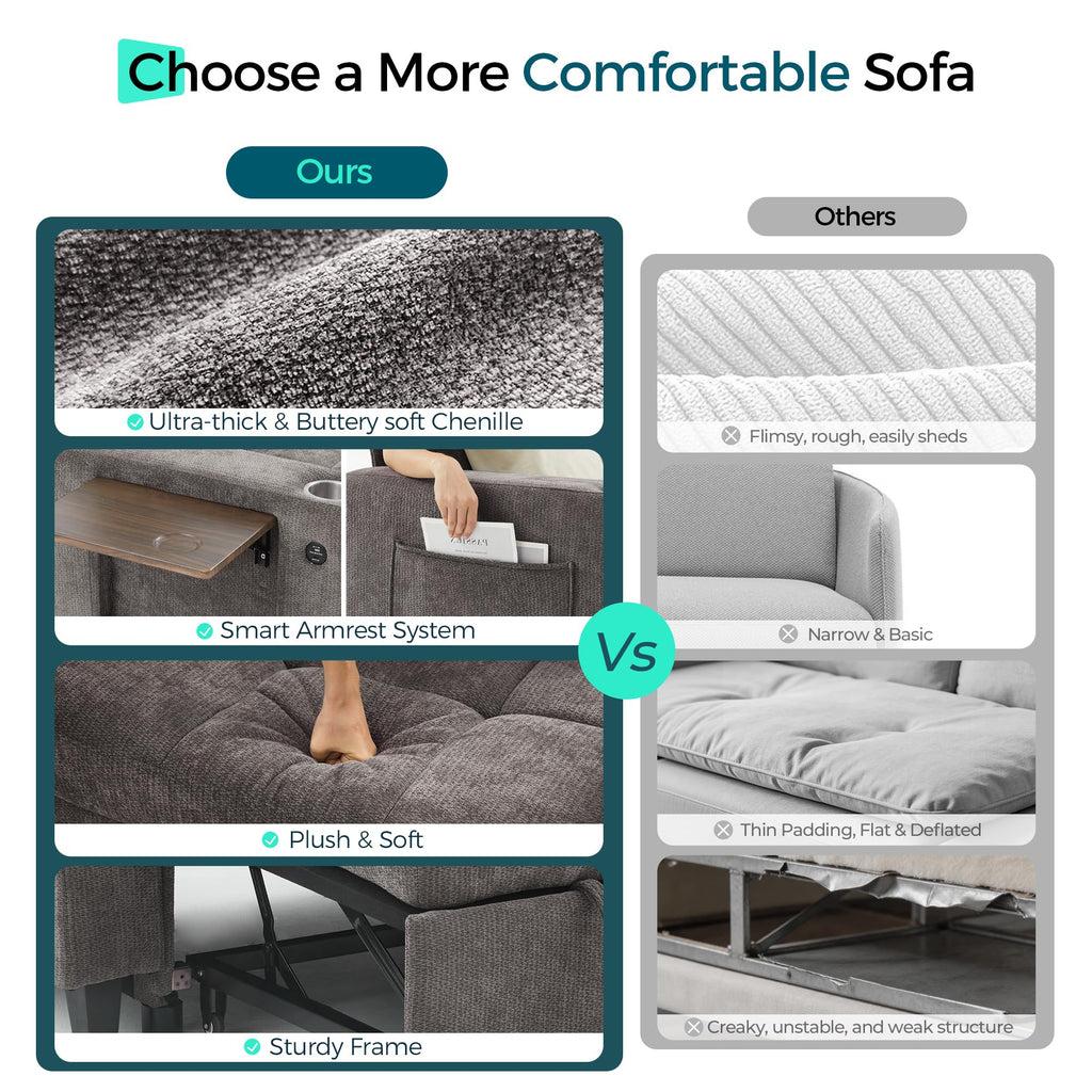Modular Sectional Sofa Bed, Chenille Pull Out Couch 2 Seat Grey