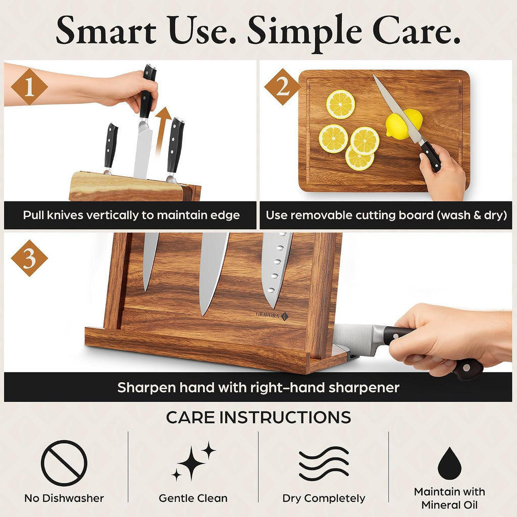 3 in 1 Magnetic Knife Block Stand, 14"x10" Cutting Board, Knife Sharpener - Wooden Magnetic Knife Holder - Acacia