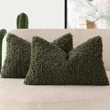 Curly Boucle Faux Fur Lumbar Pillow Covers 12x20 Olive Green