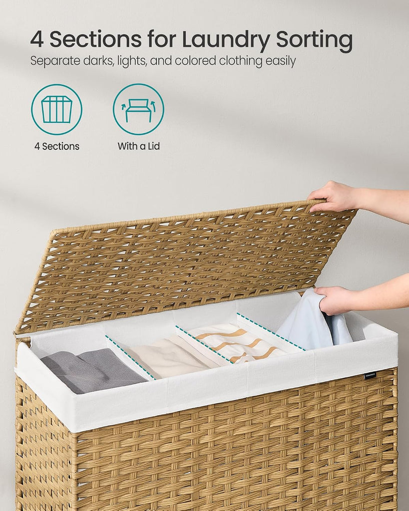 Laundry Hamper with Lid, 55.4 Gallons (210 L), Rolling Laundry Basket with Wheels, 4-Section Synthetic Rattan