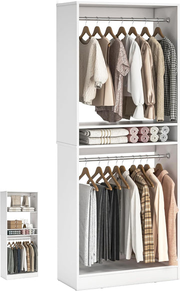 Freestanding Closet System, 25" Closet Organizer Wardrobe with Hanging Rods & Shelve, Adjustable Clothes Garment