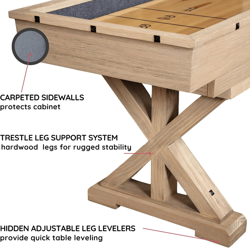 12/14 FT Solid Wood Shuffleboard Table, Comes in 2 6/7' Pieces Goes Around Stairs & Hallways