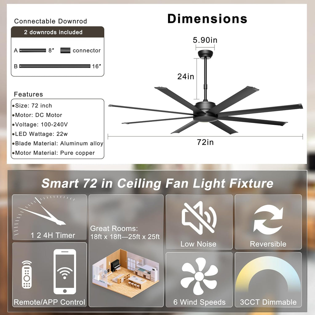 72" Large Ceiling Fan No Light - Industrial Fan Remote & APP Control, Quiet DC Motor, Indoor/Outdoor Ceiling Fan