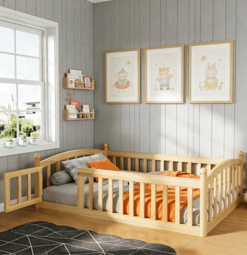 Twin Size Montessori Floor Bed with Door and Safety Guardrail, Solid Wood Low Profile Bed Frame with Slats, Easy